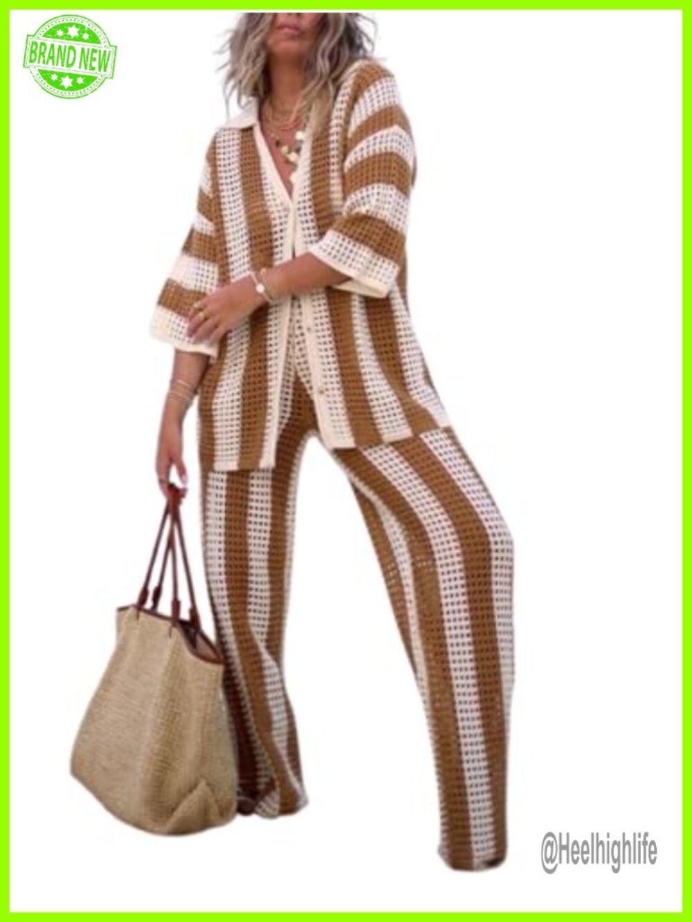 Women 2 Piece Crochet Cover Up Set Button Up Top Wide Leg Pants Vacation